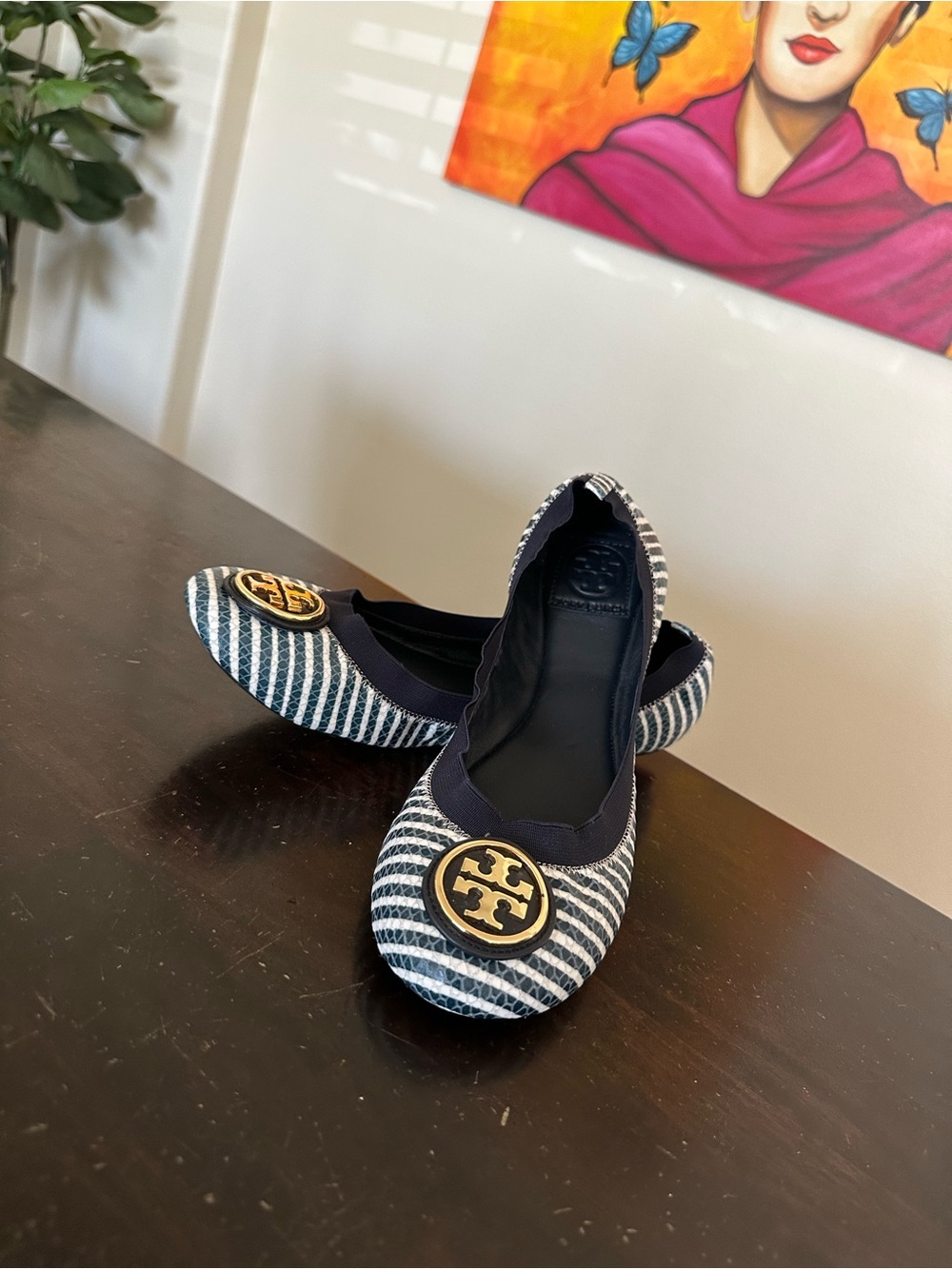 Tory Burch “Caroline” Navy and White Striped Logo Ballet Flats